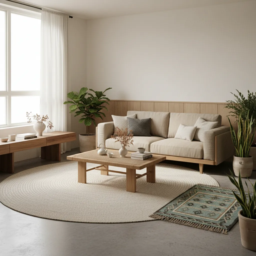 Sala de estar minimalista con muebles bajos y materiales naturales