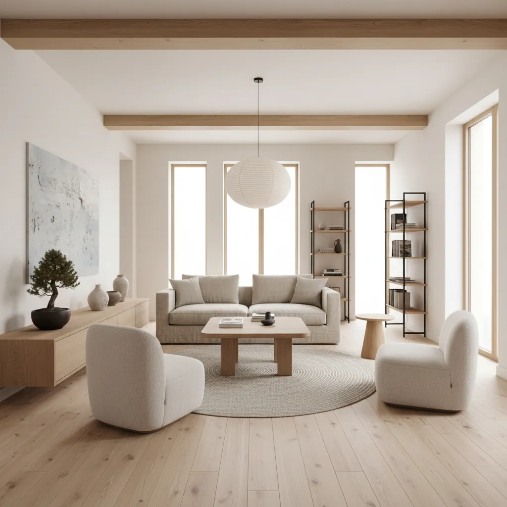 Espacio abierto con distribución equilibrada estilo Japandi