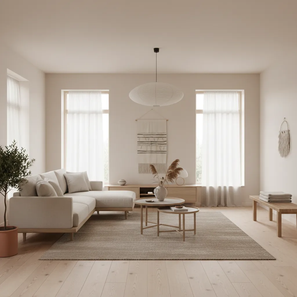 Sala de estar estilo Japandi con madera clara y decoración simple