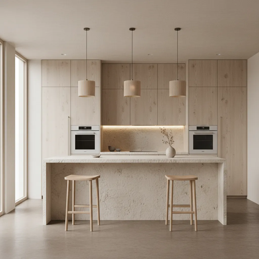 Japandi kitchen with minimalist white oak cabinetry and stone surfaces