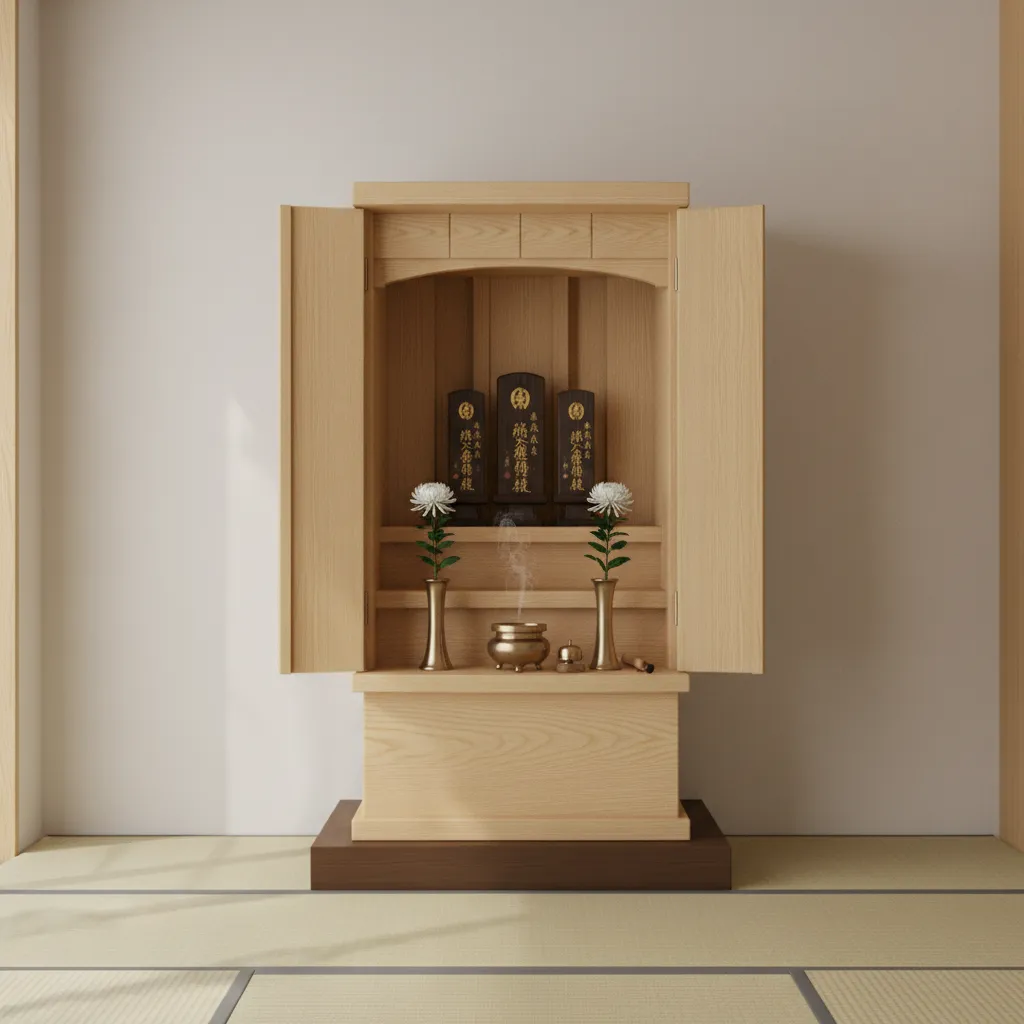 Japanese butsudan cabinet altar with wooden sliding doors and offerings