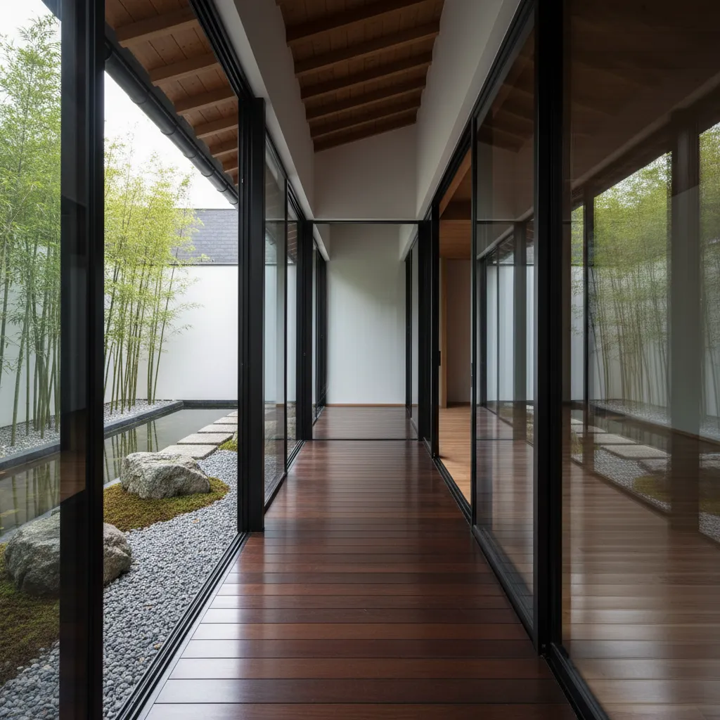 Modern wooden hallway with glass walls looking out to a bamboo garden with rocks and pond