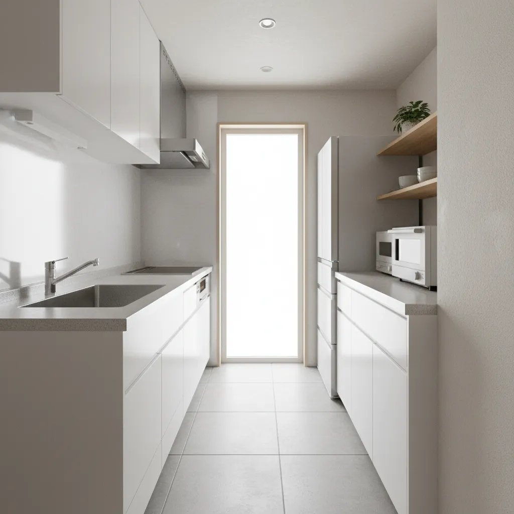 Narrow Japanese galley kitchen with parallel counters