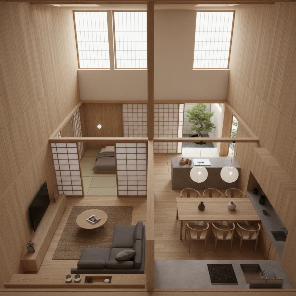 Japanese house interior design drawing showing living room dining area kitchen and minimalist bedroom layout