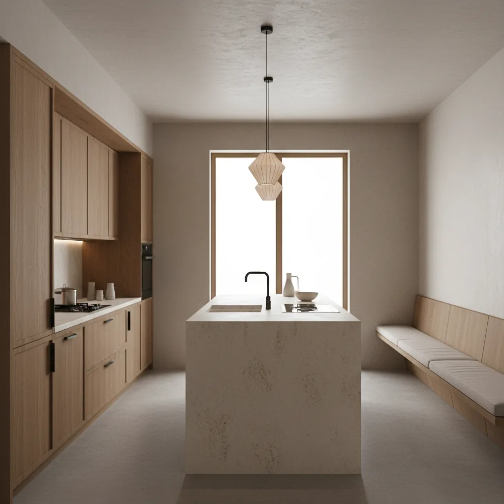 Modern kitchen with Japanese inspired design wood cabinets stone island and soft lighting