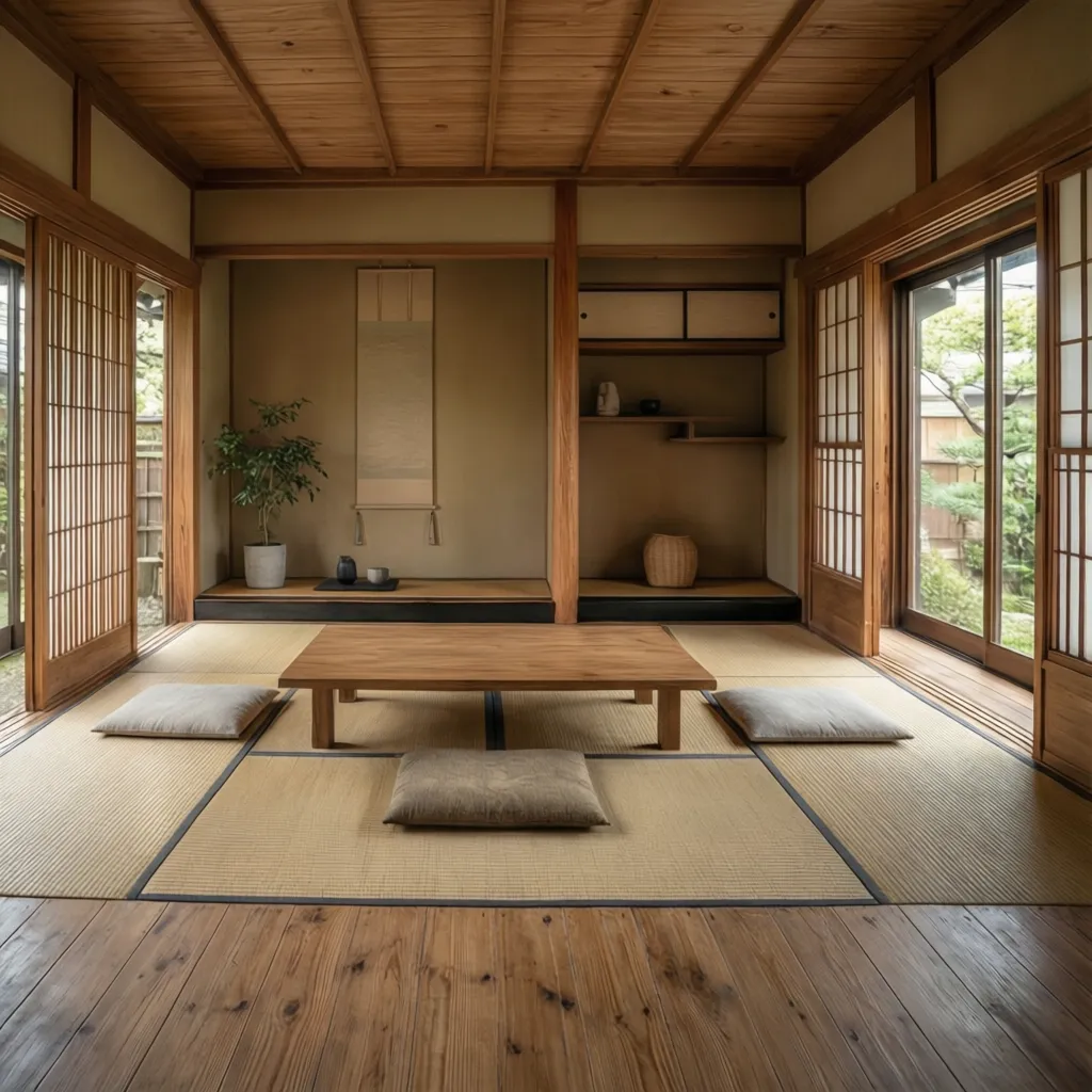 Espacio interior japonés con amplias zonas vacías y muebles bajos