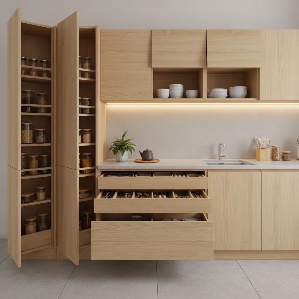 Japanese kitchen pull-out storage drawers and hidden cabinets