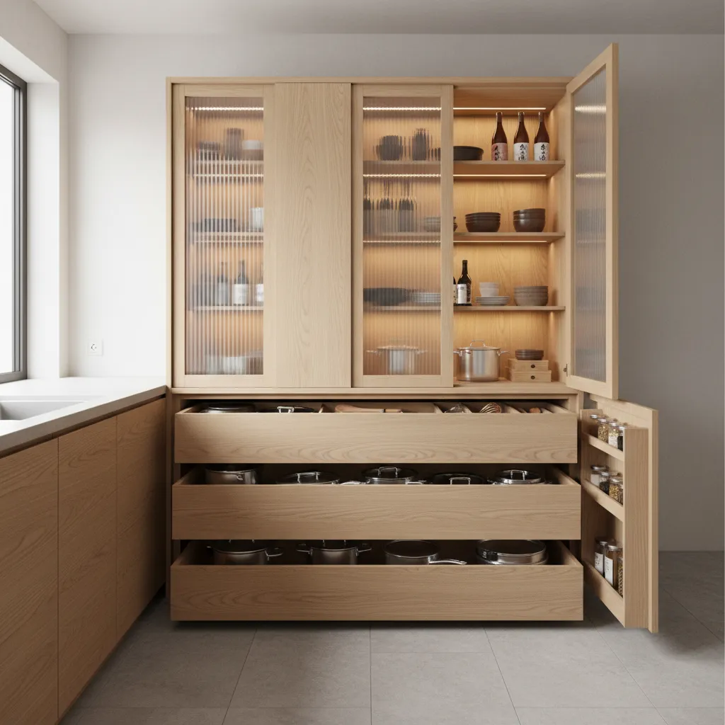 Japanese kitchen storage system with deep drawers and vertical cabinets