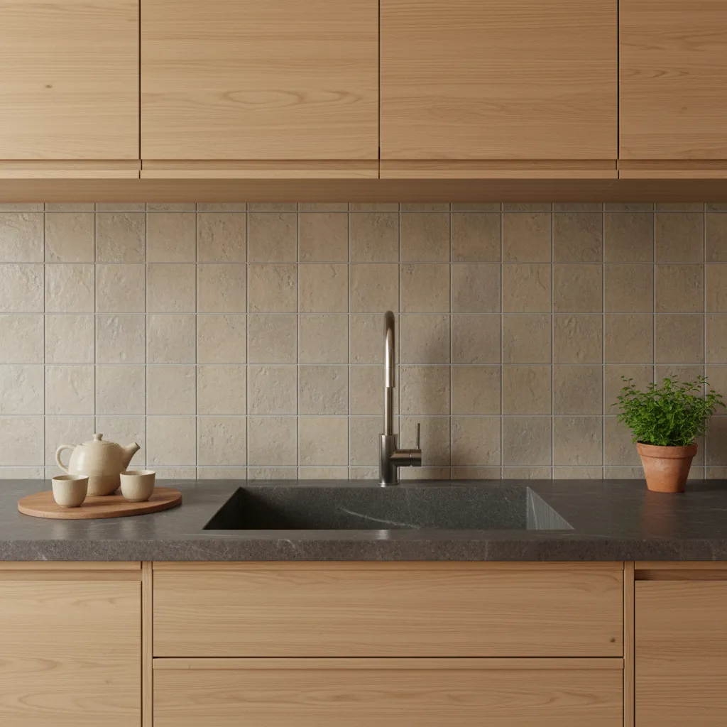 Japanese kitchen with matte stone countertop and ceramic tile backsplash