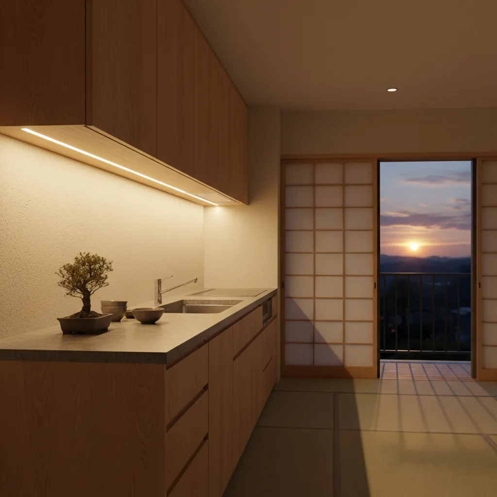 Japanese style kitchen with under cabinet task lighting illuminating countertop