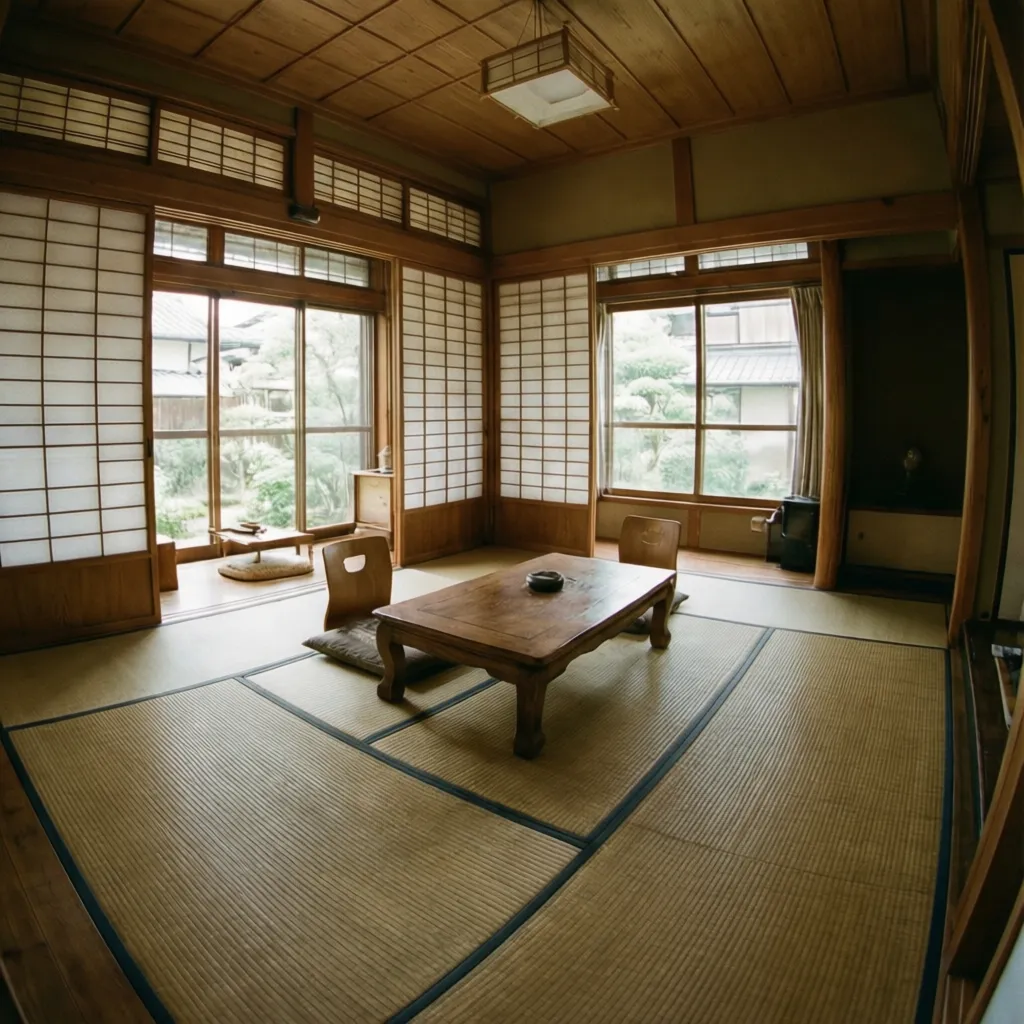 Sala de estar japonesa minimalista con tatami y paneles shoji