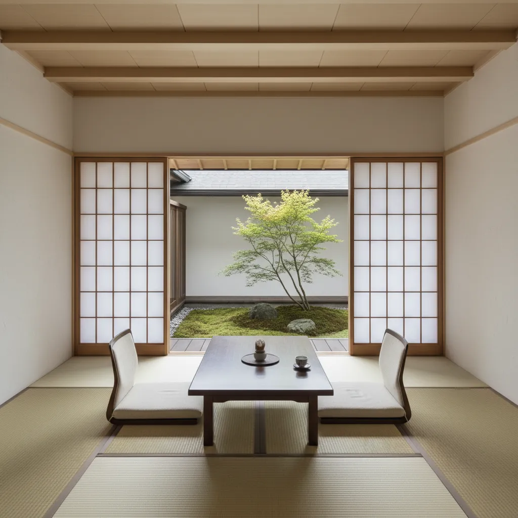 minimal Japanese living room with tatami and sliding doors