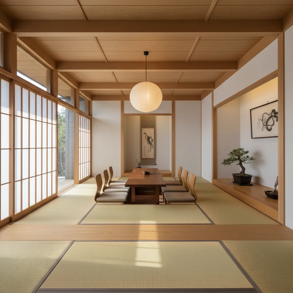 Interior japonés con muebles bajos y distribución abierta
