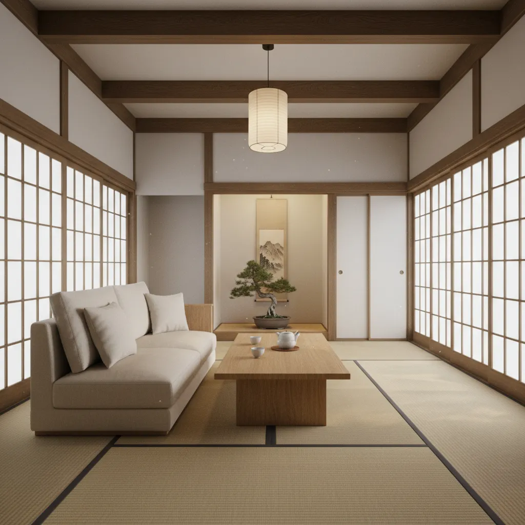 Distribución con muebles bajos en salón estilo japonés