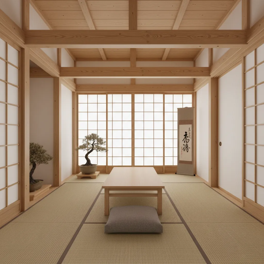 Traditional Japanese room with tatami floor low wooden table small bonsai tree and sliding windows