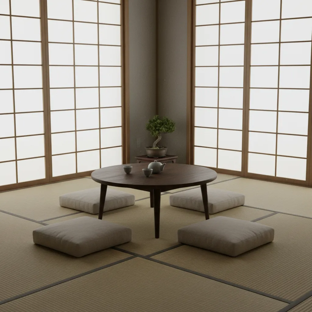 Interior de sala japonesa minimalista con mesa baja y tatami