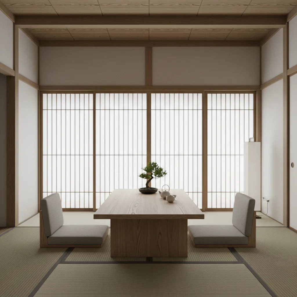 Salón minimalista japonés con muebles bajos y espacio despejado