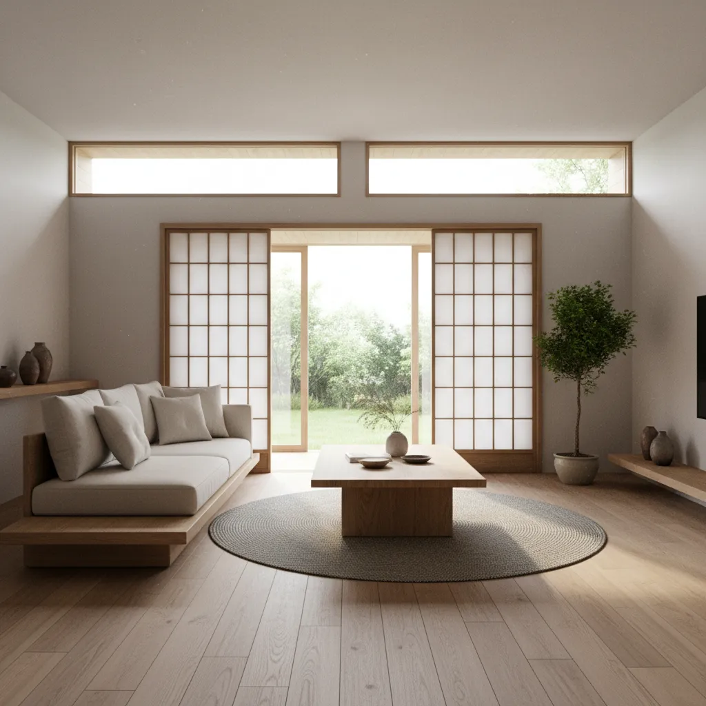 Japanese minimalist living room with grey sofa wooden coffee table round rug and sliding doors