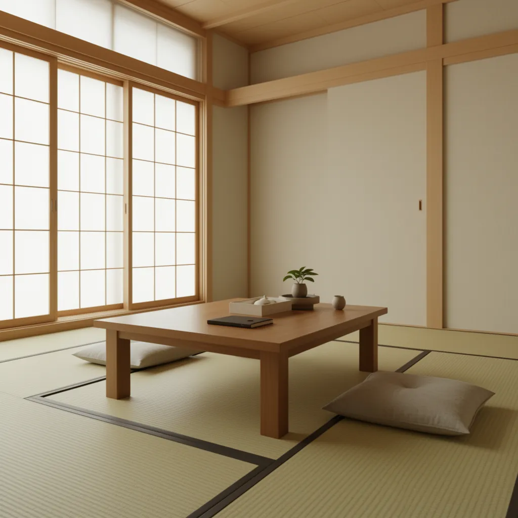 Japanese minimalist living room with tatami mats and low wooden furniture