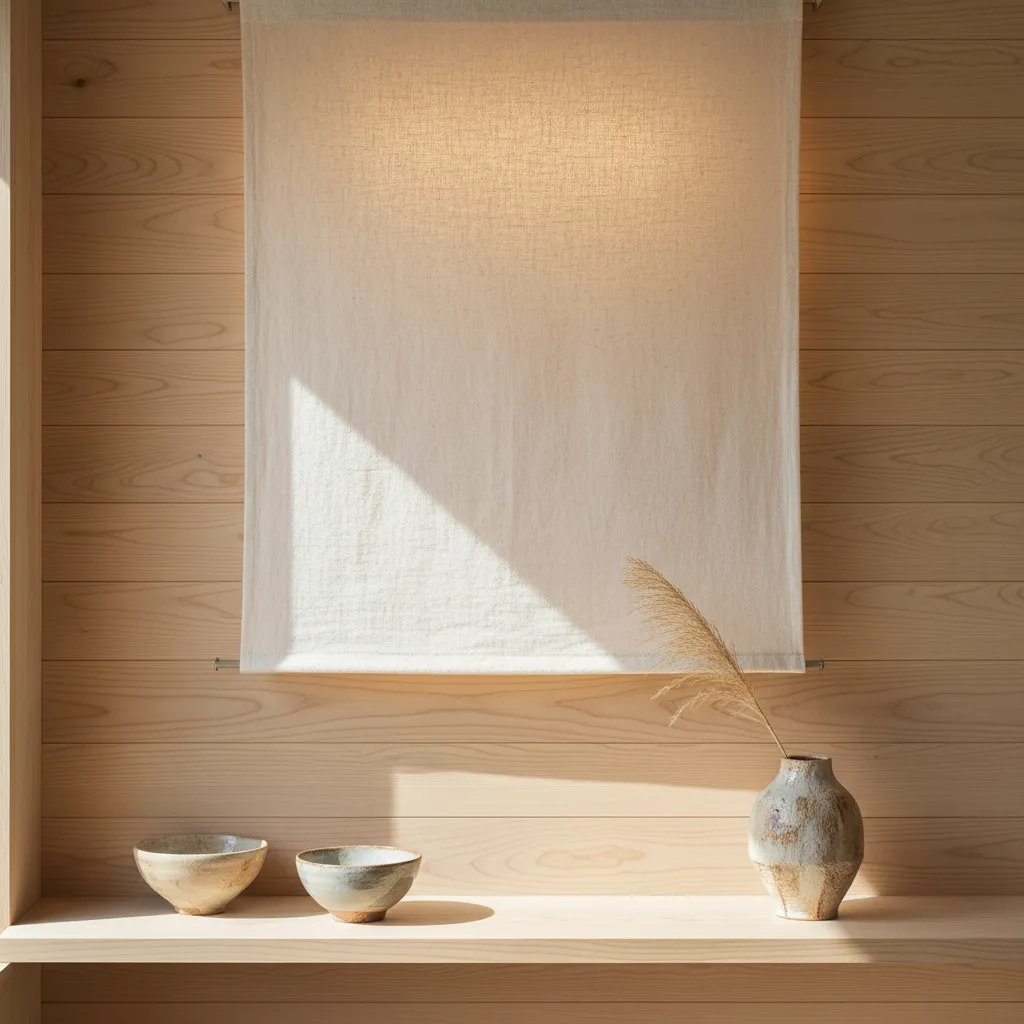 Detalle de materiales naturales en interior japonés con madera y lino