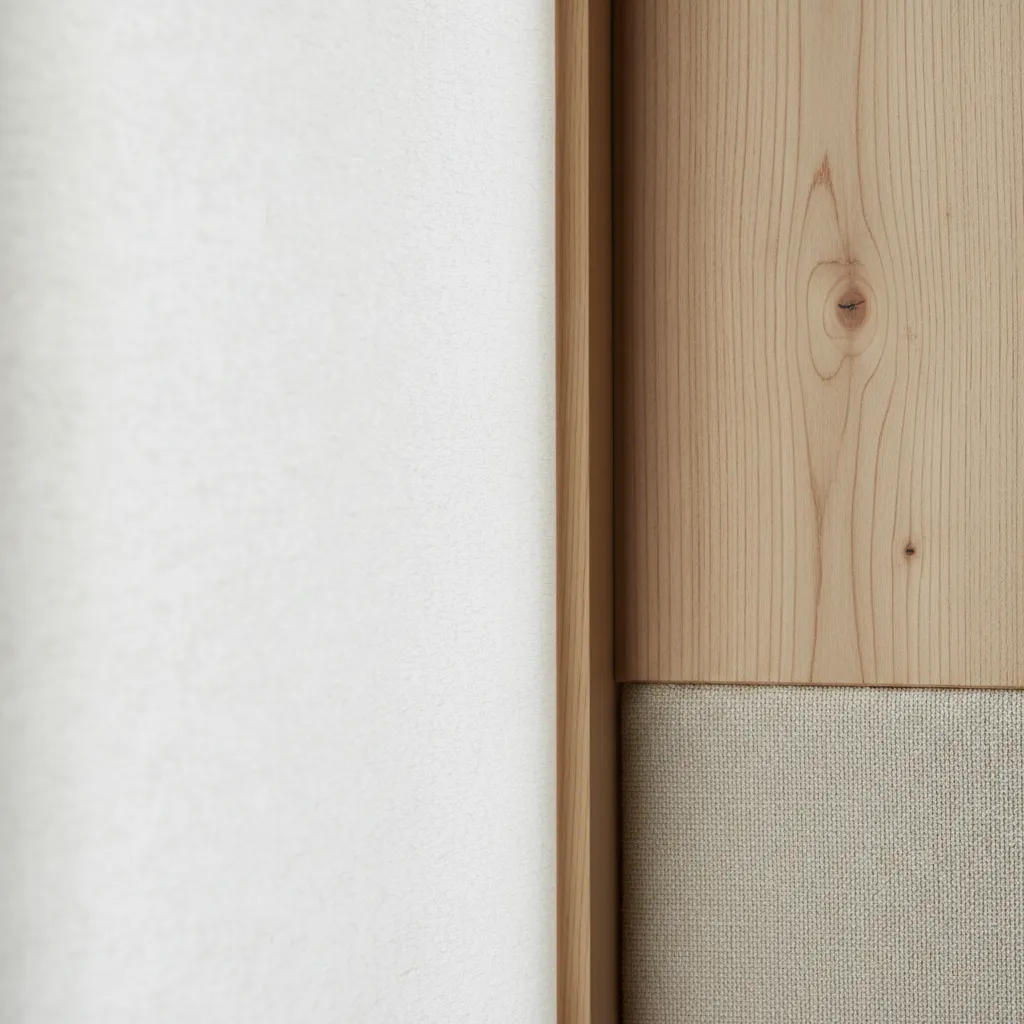 Detalle de materiales naturales en interior japonés con madera y lino