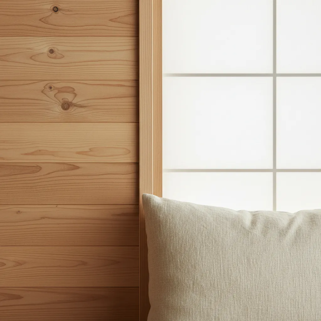 Detalle de materiales naturales en interior japonés con madera y papel de arroz