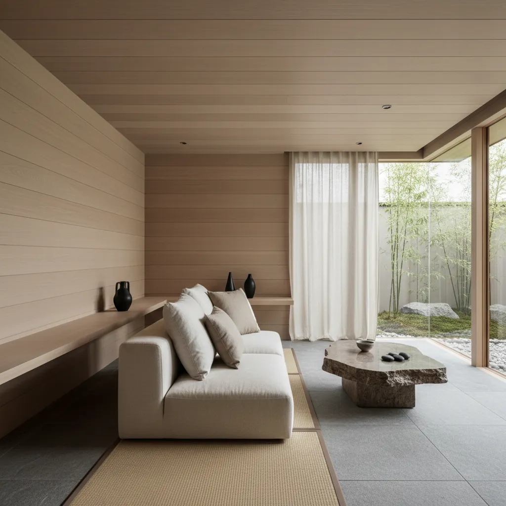 Modern Japanese living room with wood wall panels beige sofa stone coffee table and bamboo
