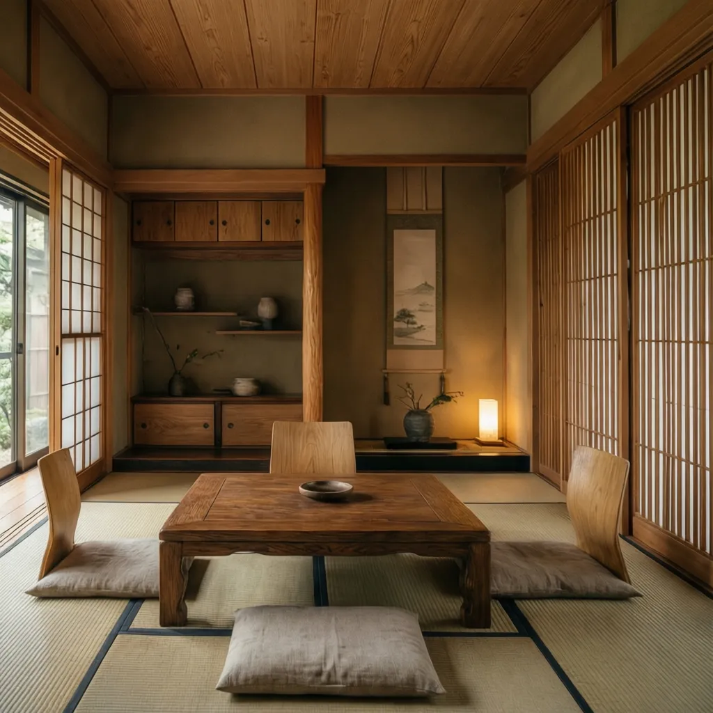 Interior japonés con madera natural y texturas simples
