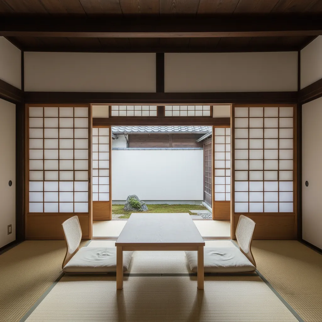 Japanese tatami room with sliding partitions open