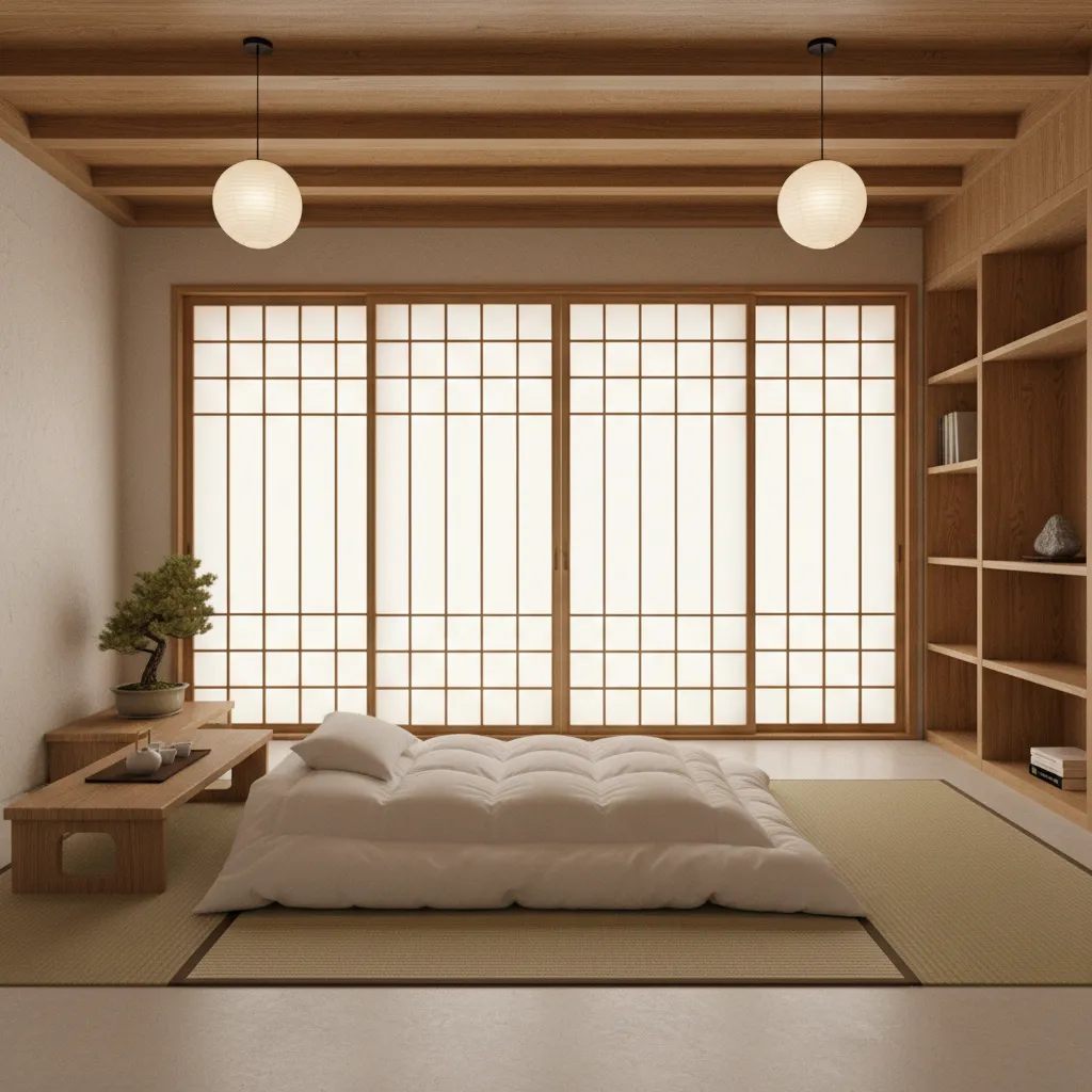 japanese inspired bedroom with futon mattress on tatami mat