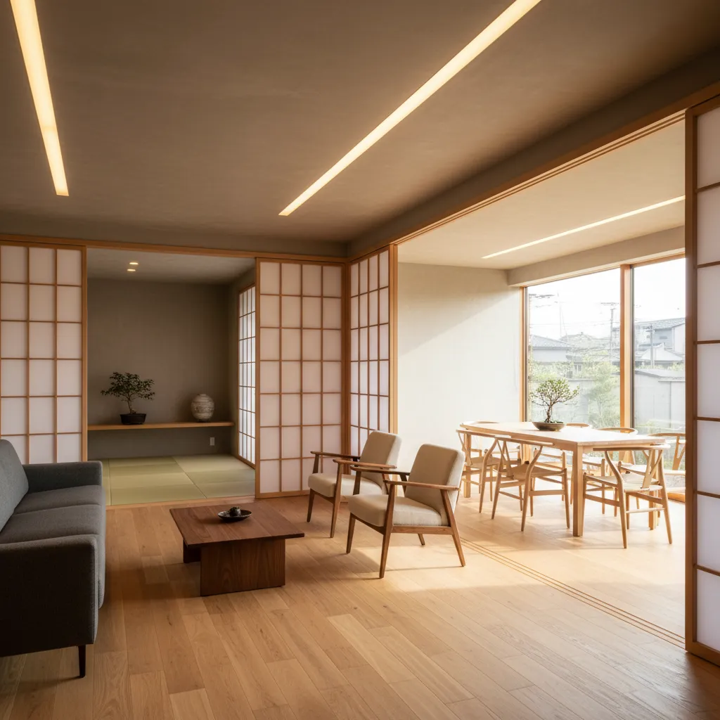 Distribución interior de casa moderna inspirada en estilo japonés