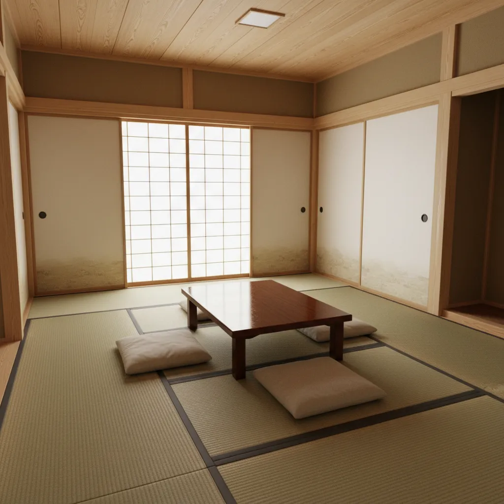 Japanese interior with tatami mats and traditional low table