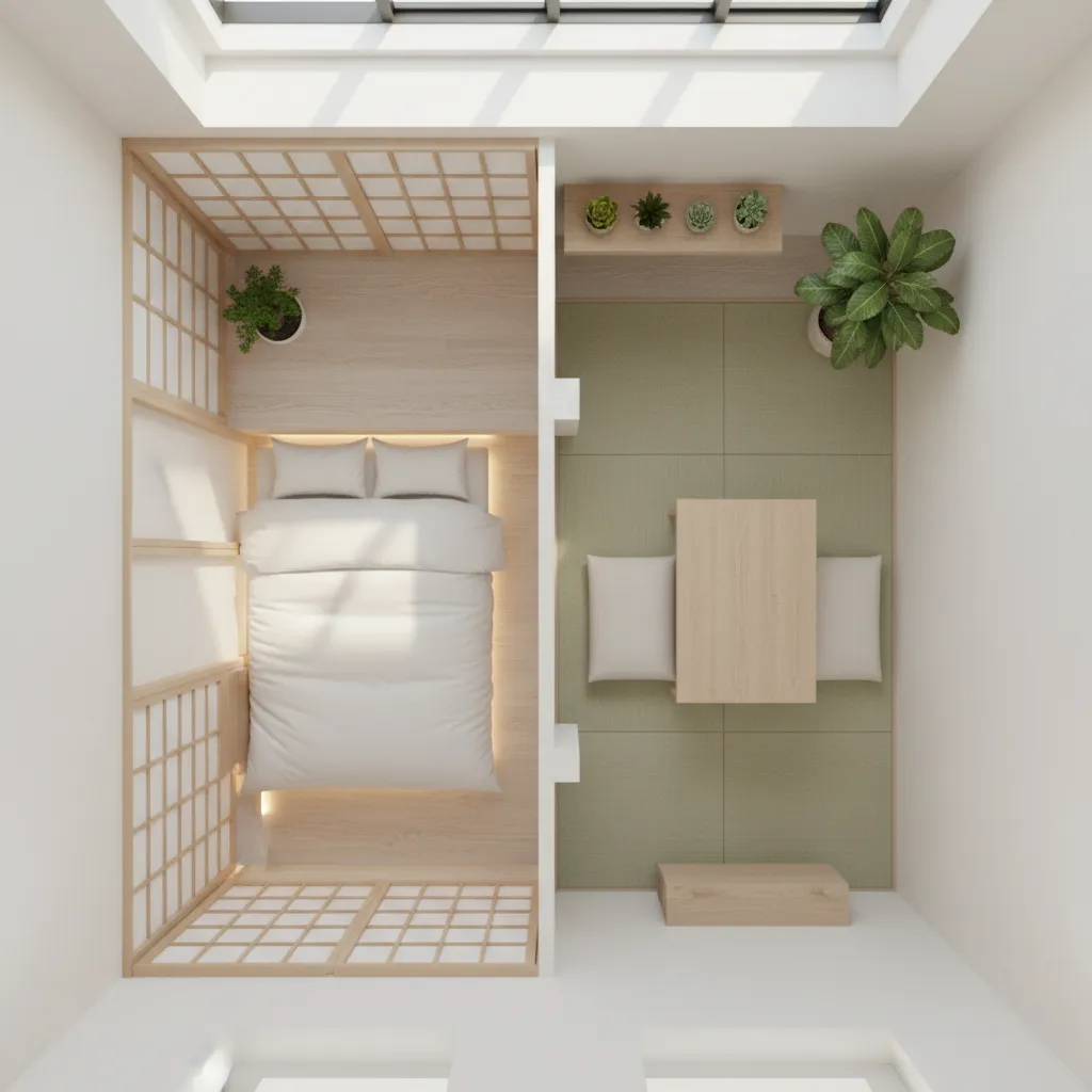 Japanese style small apartment layout with multifunctional furniture