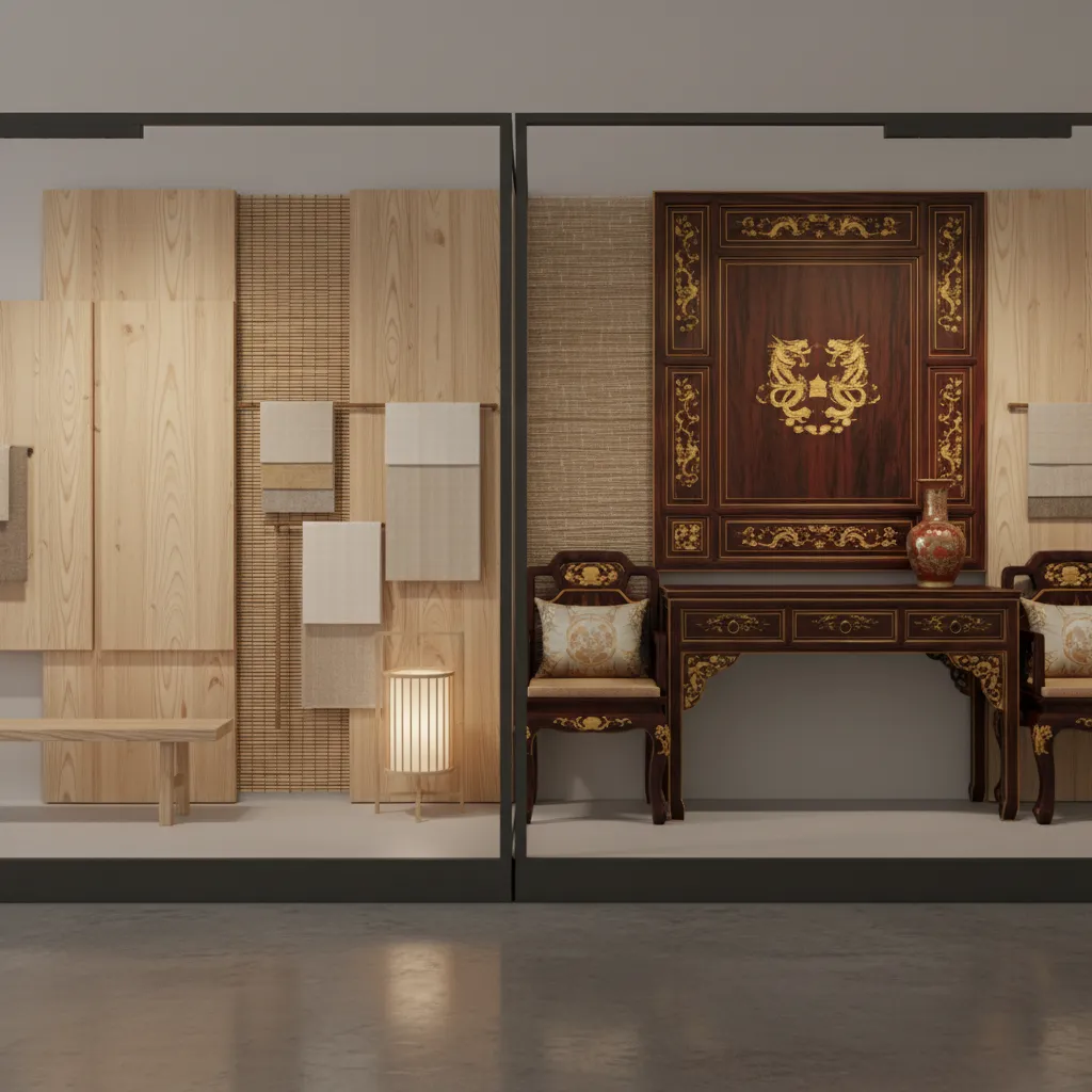 Comparison of Japanese neutral materials and Chinese lacquered wood interior materials