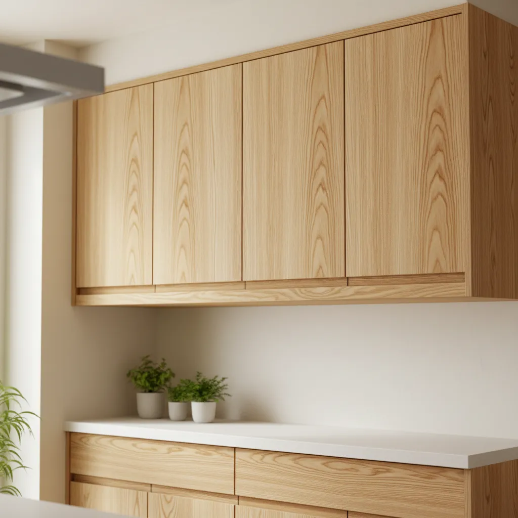 Close view of Japanese style light wood kitchen cabinets with natural grain