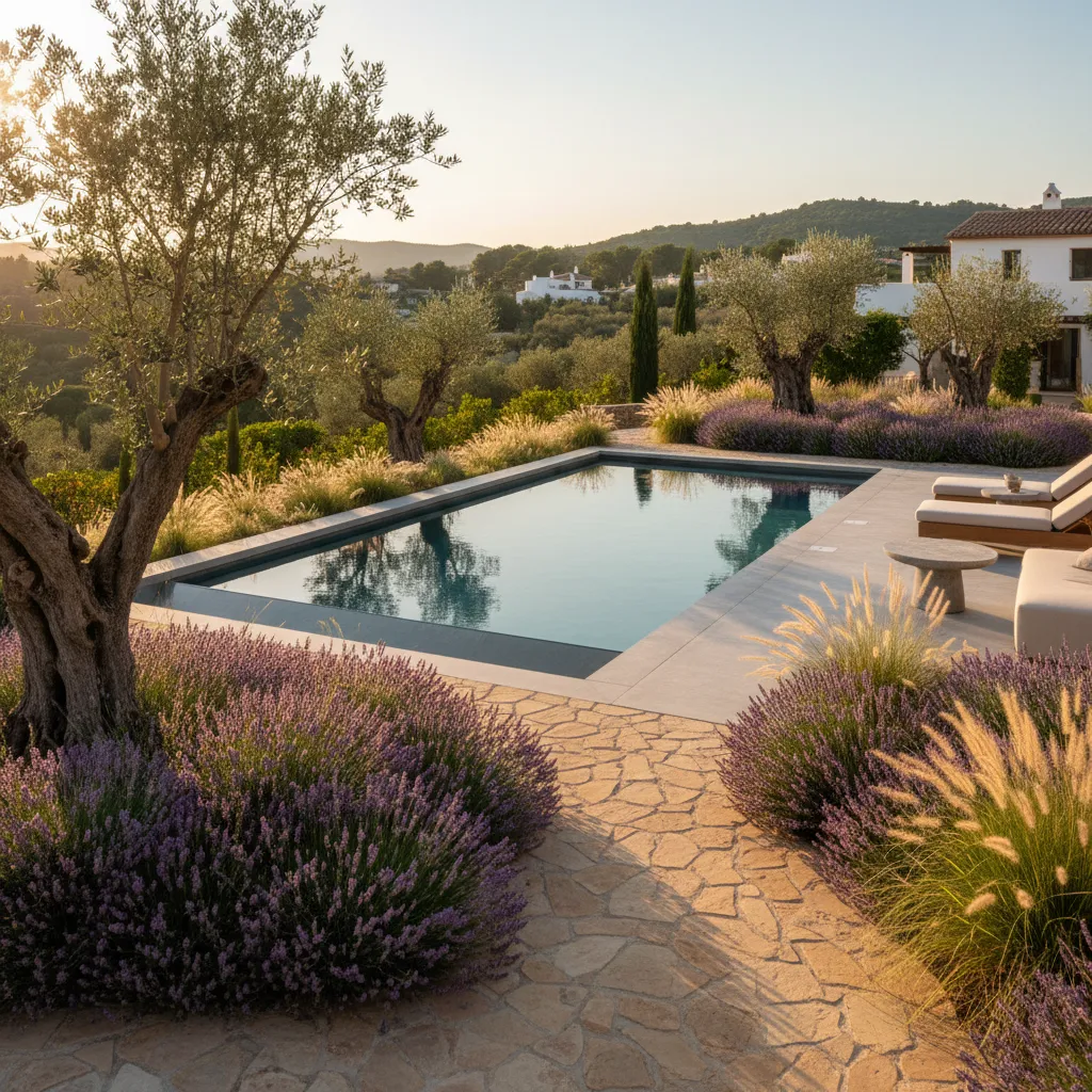 Outdoor swimming pool surrounded by lavender plants olive trees stone walkway and comfortable sun loungers