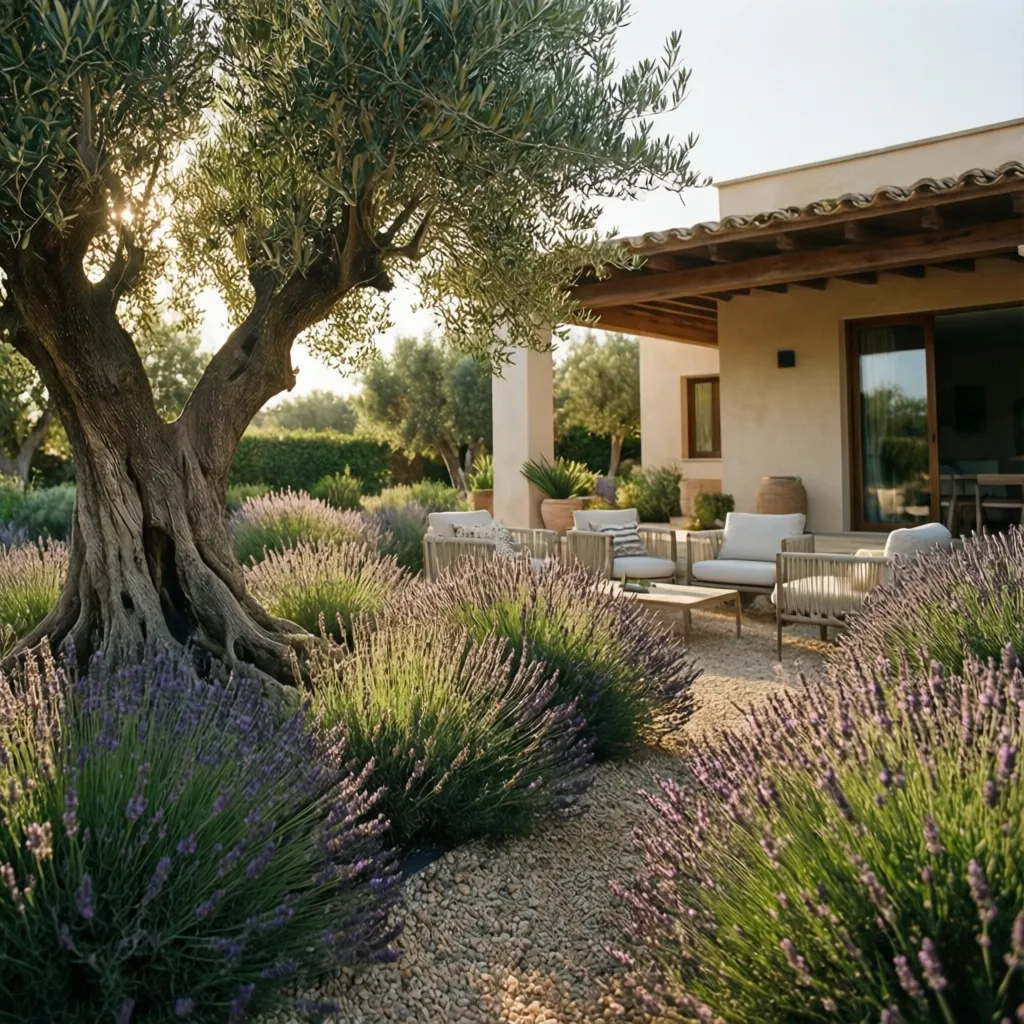 Jardín mediterráneo con lavanda, olivo y grava