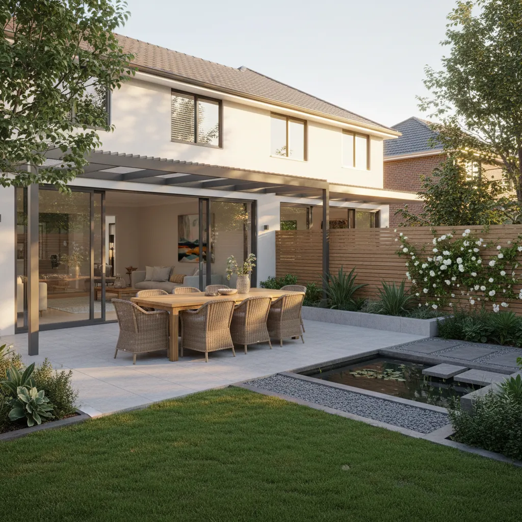 Jardín trasero bien diseñado en una casa pareada moderna