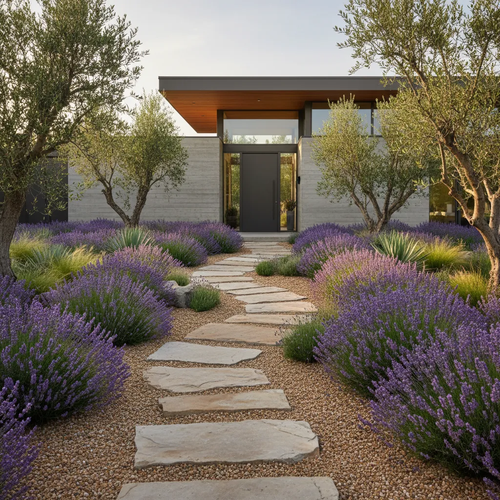 Modern house entrance with stone walkway surrounded by purple lavender flowers and green olive trees
