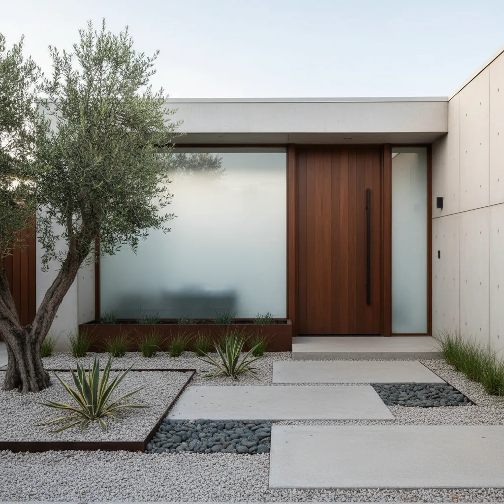 Entrada de casa con jardín minimalista y grava decorativa