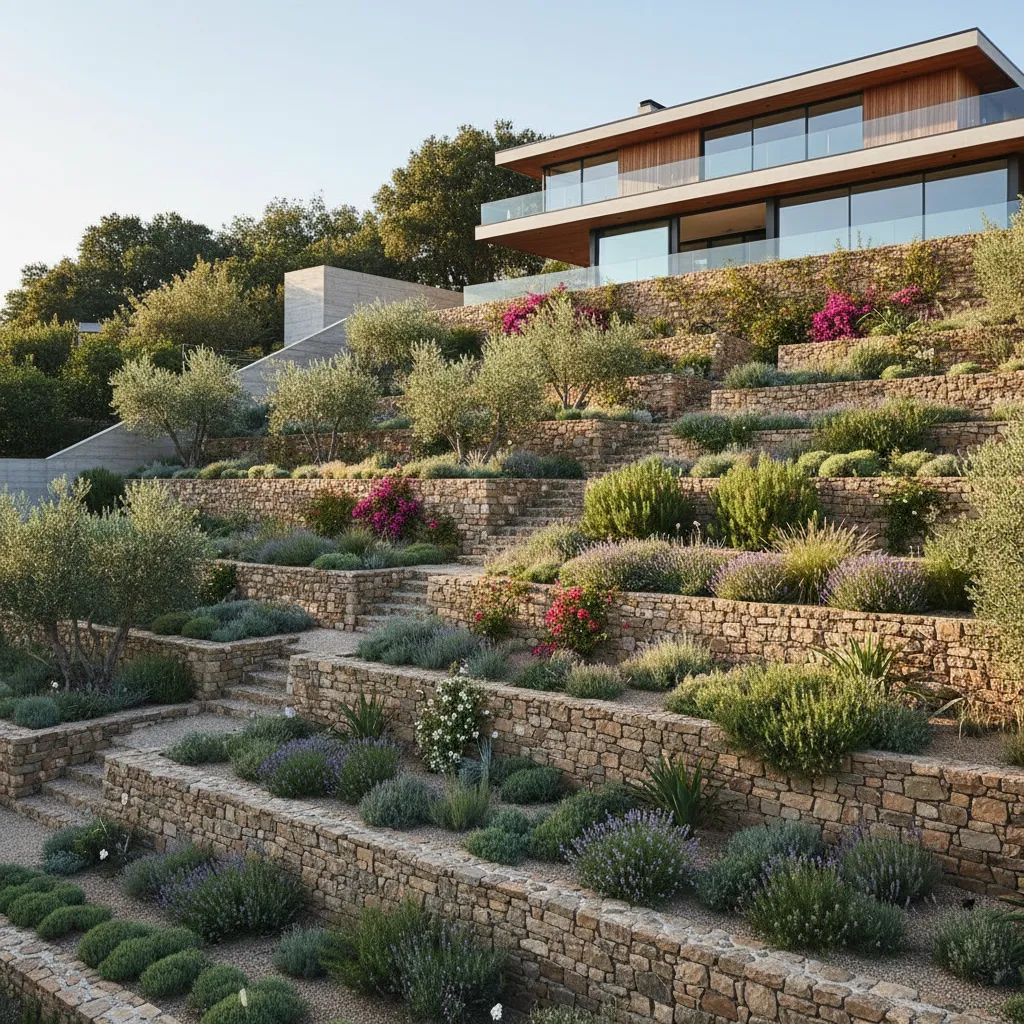 Jardín escalonado en una vivienda construida en terreno inclinado
