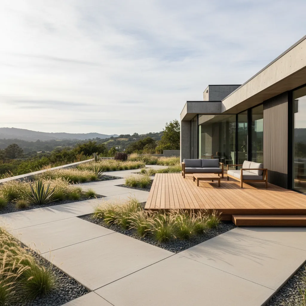Jardín moderno minimalista con piedra, madera y vegetación simple