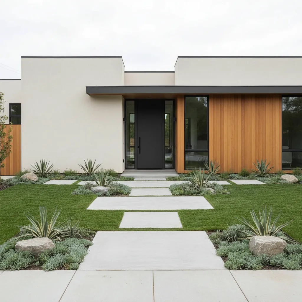 Jardín frontal minimalista con sendero hacia la puerta principal