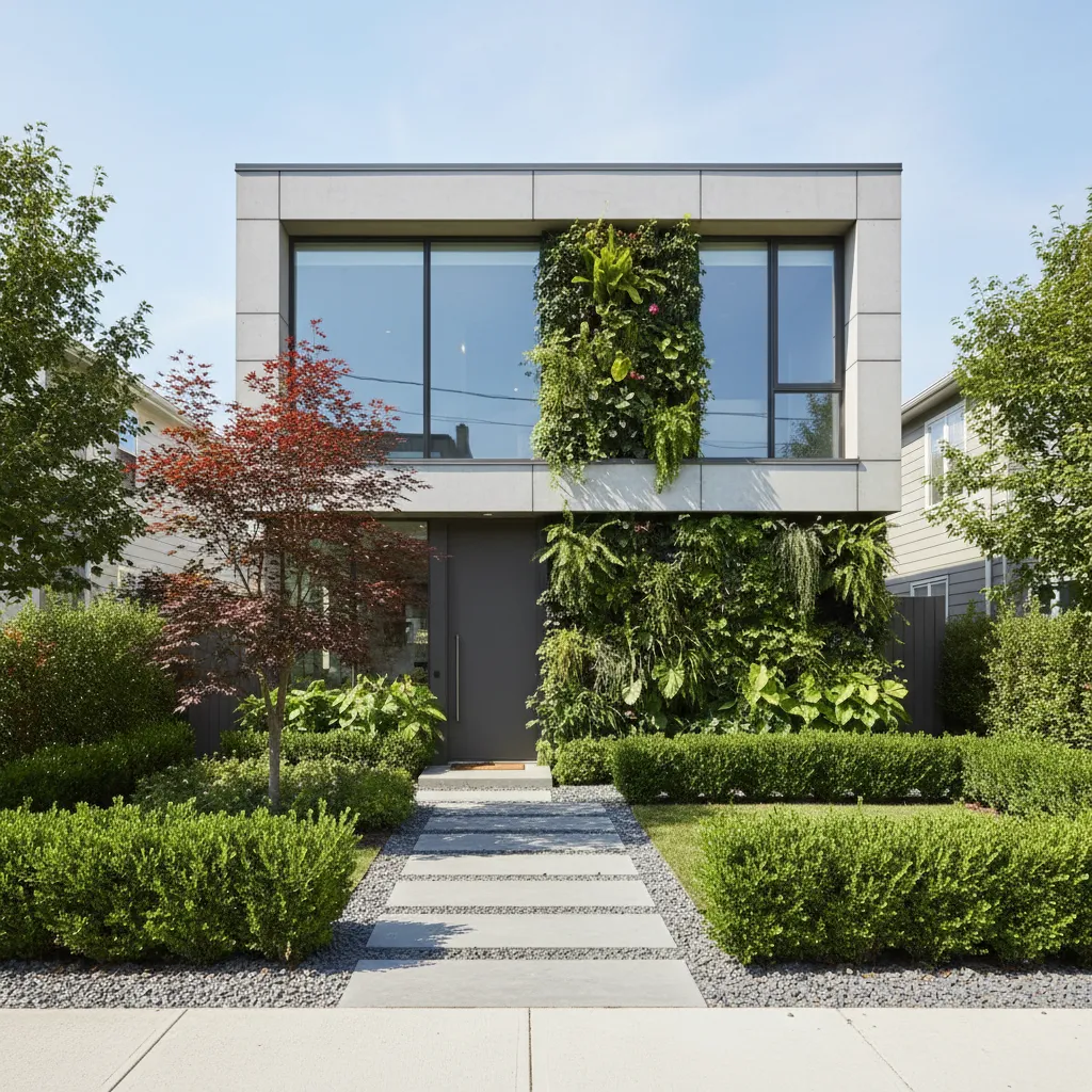 Pequeño jardín frontal bien organizado en casa compacta