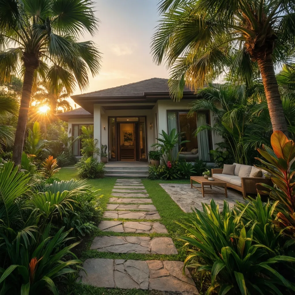 Entrada de casa con camino de piedra y plantas tropicales