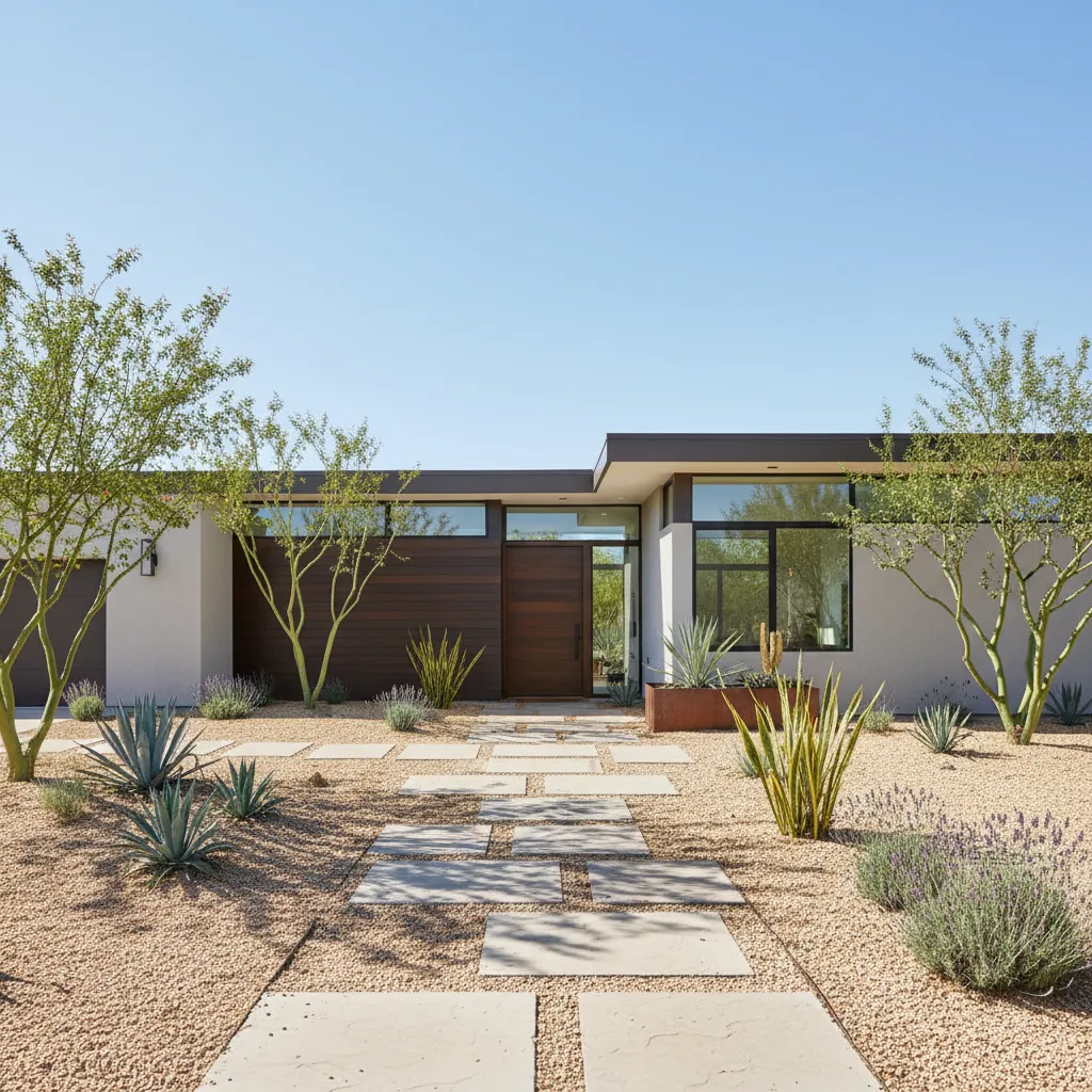 Jardín frontal con grava y plantas de bajo mantenimiento