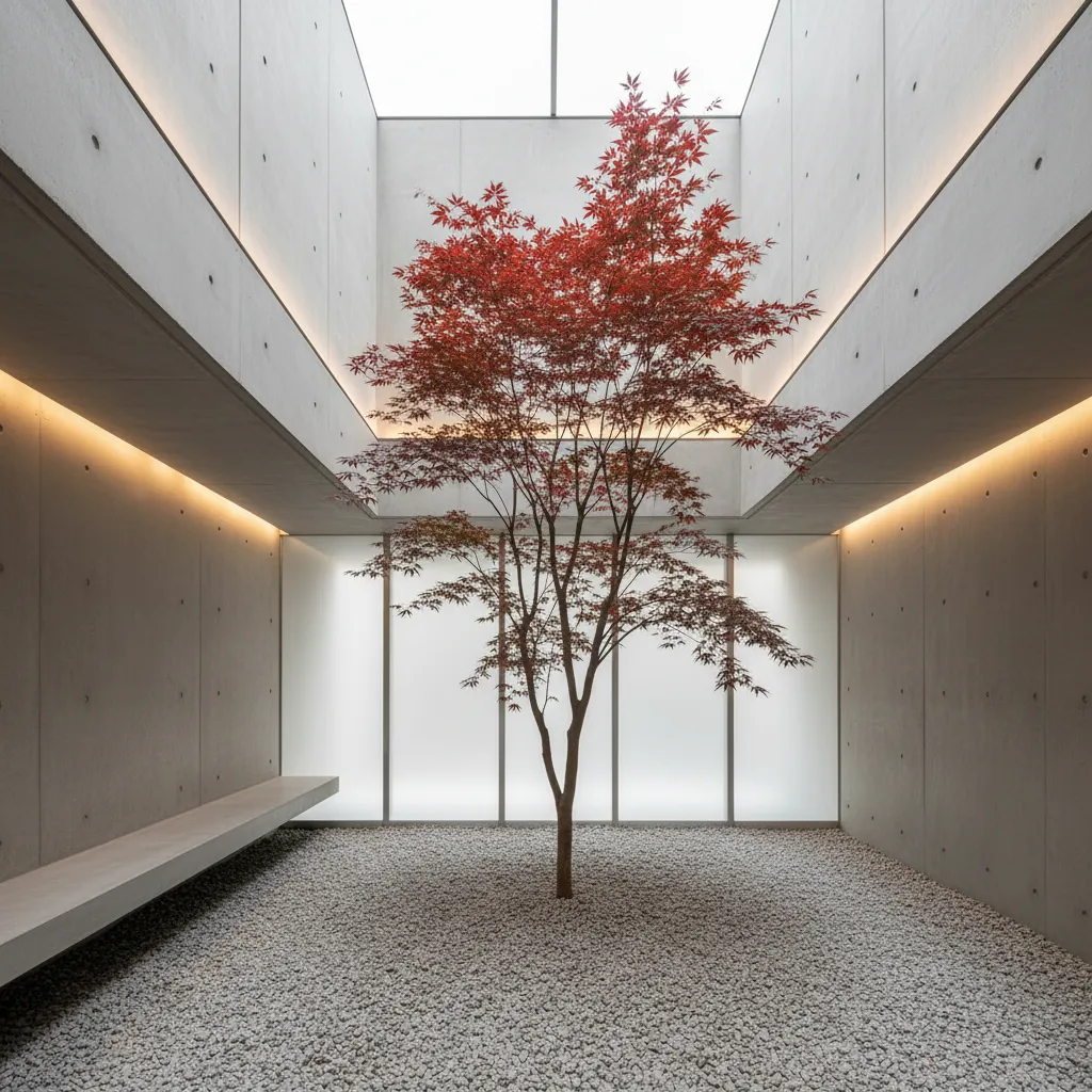 Jardín interior minimalista con pocas plantas y diseño elegante