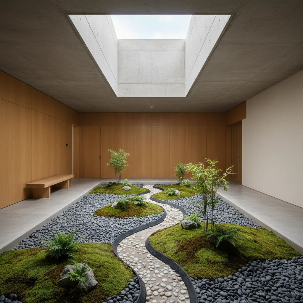 pequeño jardín interior con piedras de río y plantas