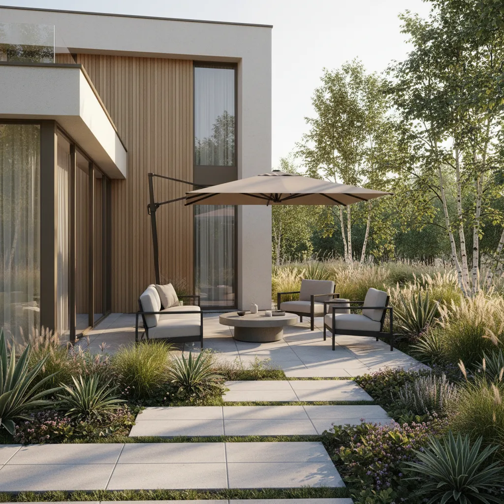 Jardín lateral privado en una casa situada en una esquina urbana