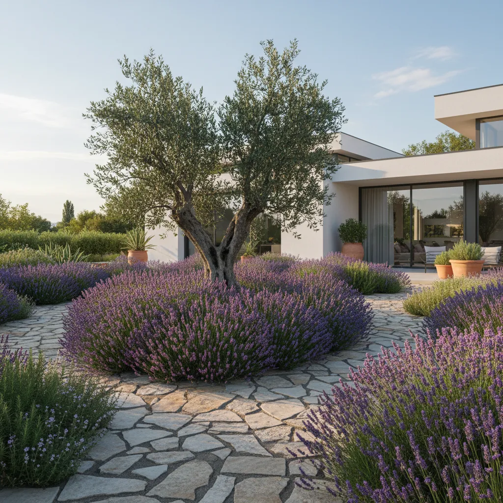 Jardín mediterráneo moderno con lavanda y olivos